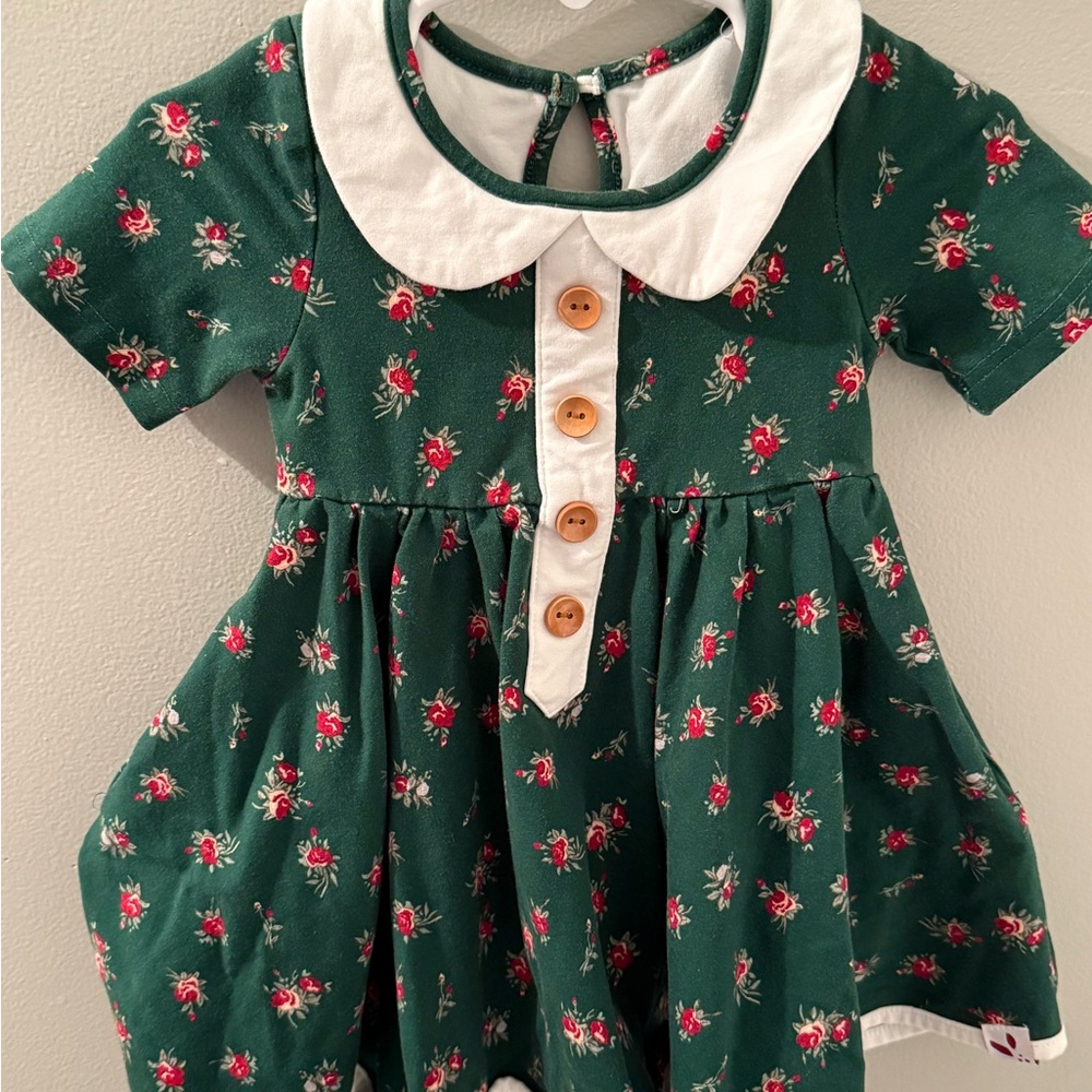 SweetHoney Green Dress with Floral Print and White Collar